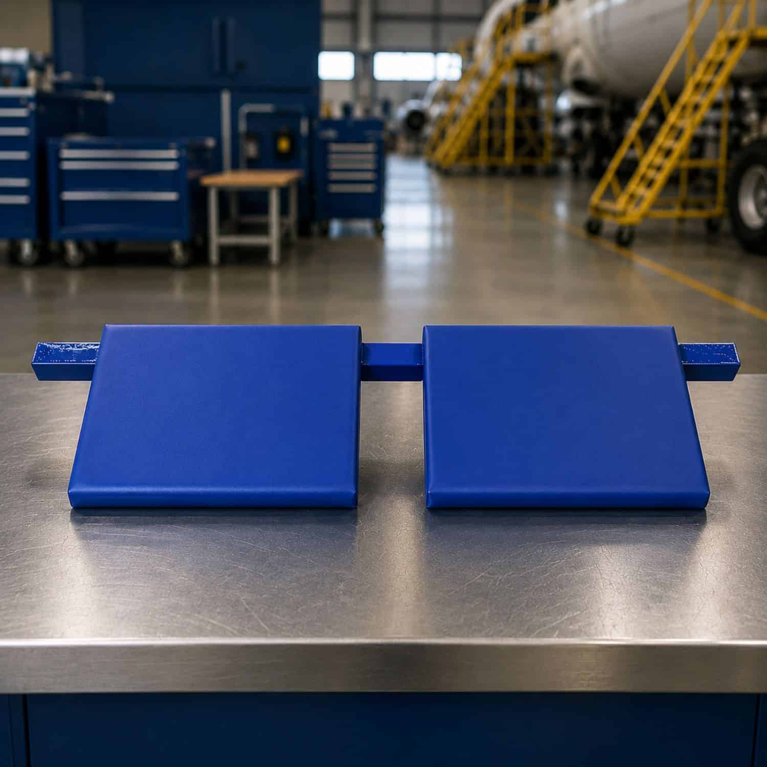 kneeling boards on a metal table in an airport hanger